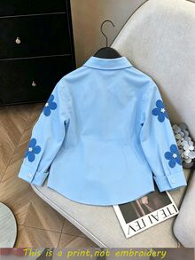 SHEIN Elladie kids [印花設計] 少女花卉圖案襯衫，2026 春/秋新款時尚童裝藍色襯衫 時尚女裝上衣 - 藍色 - 查看 3