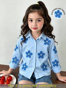 SHEIN Elladie kids [印花設計] 少女花卉圖案襯衫，2026 春/秋新款時尚童裝藍色襯衫 時尚女裝上衣 - 藍色 - 查看 2