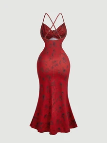 SHEIN MOD Glamorous Red Rose Pattern Bodycon Dress For Women With Criss Cross Back And Front Rosette,Prom Dresses For Women,Halloween Dress - Red - View 4