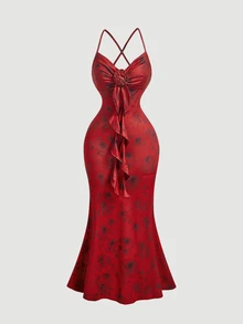 SHEIN MOD Glamorous Red Rose Pattern Bodycon Dress For Women With Criss Cross Back And Front Rosette,Prom Dresses For Women,Halloween Dress - Red - View 5