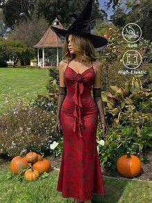 SHEIN MOD Glamorous Red Rose Pattern Bodycon Dress For Women With Criss Cross Back And Front Rosette,Prom Dresses For Women,Halloween Dress - Red - View 2