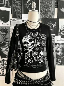 INAWLY Plus Size Women's Casual Y2K Solid Color Print Halloween Long Sleeve T-Shirt - Black - View 2