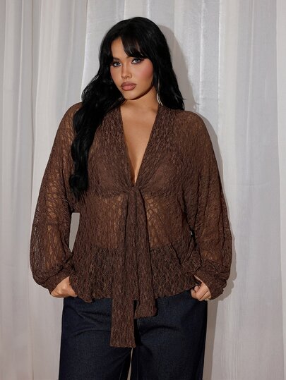 Rustia Camiseta de verano de talla grande con cuello en V, lazo delantero, elegante, vintage, linda, para fiesta nocturna y cóctel, transparente, sexy, de puro deseo, marrón con lentejuelas brillantes
