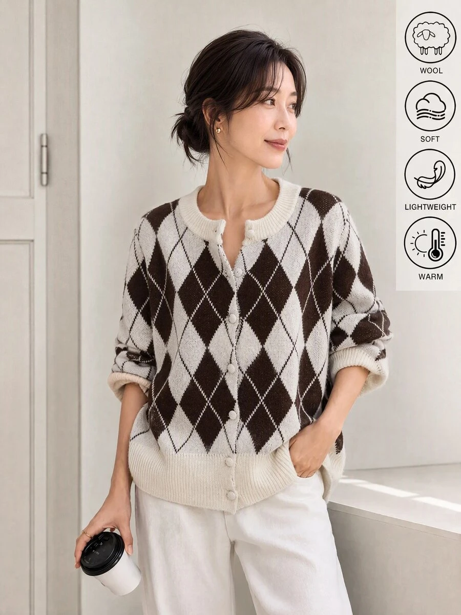 Yumoku Fall Casual Classic Preppy Colorblock Argyle Cardigan Wool Blend ...