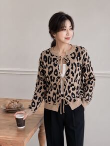 Yumoku Cardigan Kasual Musim Gugur/Dingin, Leher Bulat, Motif Leopard, dengan Tali di Depan - MultiWarna - View 6