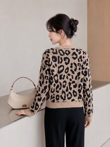 Yumoku Cardigan Kasual Musim Gugur/Dingin, Leher Bulat, Motif Leopard, dengan Tali di Depan - MultiWarna - View 2