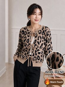 Yumoku Cardigan Kasual Musim Gugur/Dingin, Leher Bulat, Motif Leopard, dengan Tali di Depan - MultiWarna - View 1