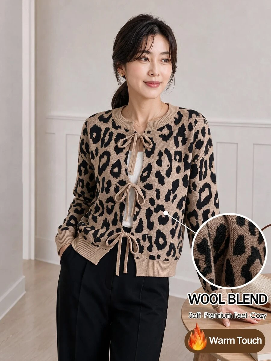 Yumoku Cardigan Kasual Musim Gugur/Dingin, Leher Bulat, Motif Leopard, dengan Tali di Depan - MultiWarna - View 1