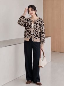 Yumoku Cardigan Kasual Musim Gugur/Dingin, Leher Bulat, Motif Leopard, dengan Tali di Depan - MultiWarna - View 7