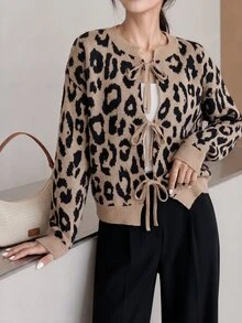 Yumoku Cardigan Kasual Musim Gugur/Dingin, Leher Bulat, Motif Leopard, dengan Tali di Depan - MultiWarna - View 5