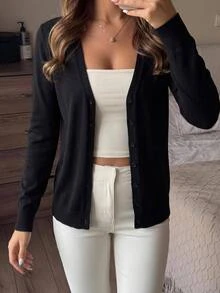 Easowa Solid Button Up Cardigan,Long Sleeve Tops,Tops For School In Fall/Winter - Black - View 8
