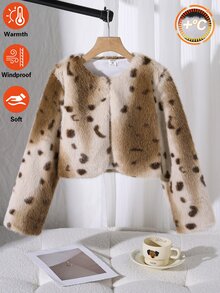 SHEIN 少女豹紋長袖開襟毛絨外套 - 棕色 - 查看 6