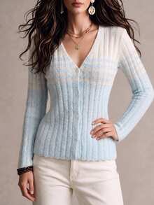 Glamine Women's Elegant Hollow Button Knit Cardigan - Blue and White - View 14