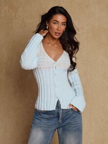 Glamine Women's Elegant Hollow Button Knit Cardigan - Blue and White - View 5