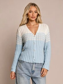 Glamine Women's Elegant Hollow Button Knit Cardigan - Blue and White - View 6