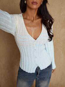 Glamine Women's Elegant Hollow Button Knit Cardigan - Blue and White - View 9