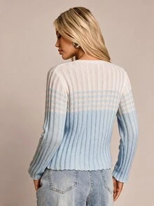 Glamine Women's Elegant Hollow Button Knit Cardigan - Blue and White - View 2