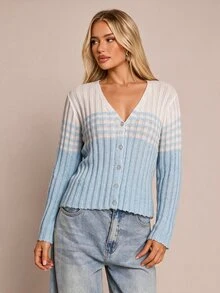 Glamine Women's Elegant Hollow Button Knit Cardigan - Blue and White - View 11