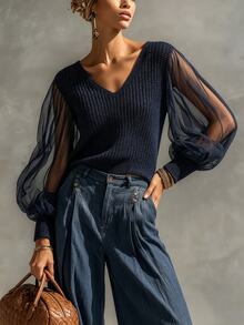 LUMIGAL Women's Fashion Retro Mesh Patchwork Long Sleeve Sweater - Navy Blue - View 5