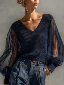 LUMIGAL Women's Fashion Retro Mesh Patchwork Long Sleeve Sweater - Navy Blue - View 2