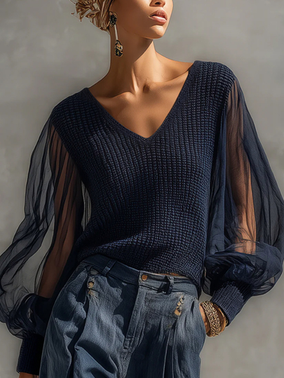 LUMIGAL Women's Fashion Retro Mesh Patchwork Long Sleeve Sweater