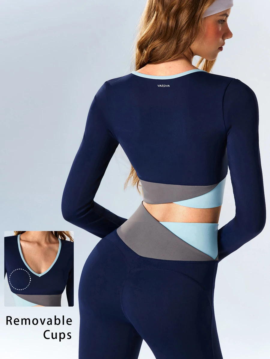 VARSIVA Women's Colorblock Long Sleeve Cropped T-Shirt And Leggings Sports Set - Multicolor - View 1