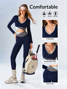 VARSIVA Women's Colorblock Long Sleeve Cropped T-Shirt And Leggings Sports Set - Multicolor - View 1