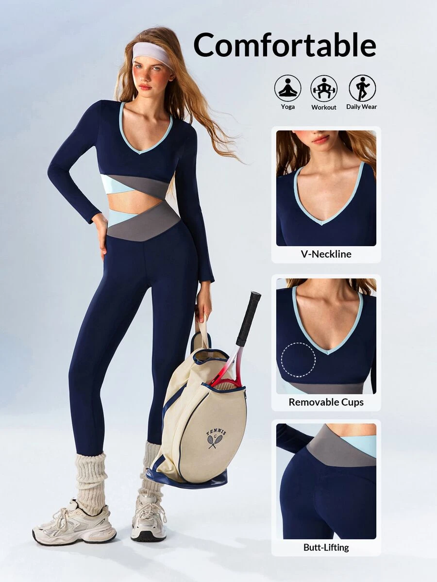 VARSIVA Women's Colorblock Long Sleeve Cropped T-Shirt And Leggings Sports Set - Multicolor - View 1