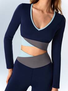 VARSIVA Women's Colorblock Long Sleeve Cropped T-Shirt And Leggings Sports Set - Multicolor - View 7