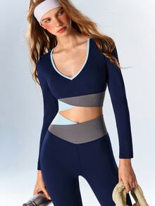 VARSIVA Women's Colorblock Long Sleeve Cropped T-Shirt And Leggings Sports Set - Multicolor - View 8