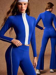 VARSIVA Women's Zip-Up Long Sleeve Top And Striped Flared Pants Sports Set - Multicolor - View 11