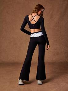 VARSIVA Women's Patchwork Polka Dot Print Long Sleeve Cropped T-Shirt And Flare Pants Sports Set - Black and White - View 8