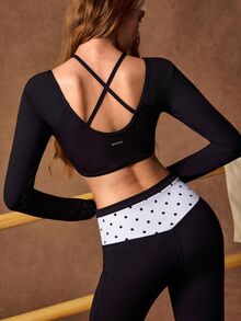 VARSIVA Women's Patchwork Polka Dot Print Long Sleeve Cropped T-Shirt And Flare Pants Sports Set - Black and White - View 7