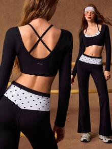 VARSIVA Women's Patchwork Polka Dot Print Long Sleeve Cropped T-Shirt And Flare Pants Sports Set - Black and White - View 12