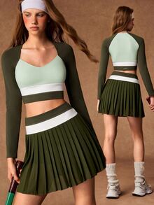 VARSIVA Women's Colorblock Long Sleeve Top And Pleated Mini Skirt Casual Sports Set - Multicolor - View 1