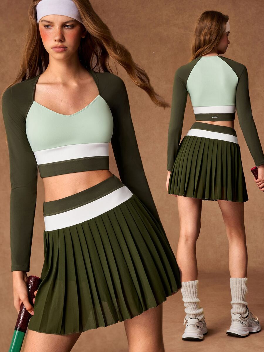 VARSIVA Women's Colorblock Long Sleeve Top And Pleated Mini Skirt Casual Sports Set - Multicolor - View 1