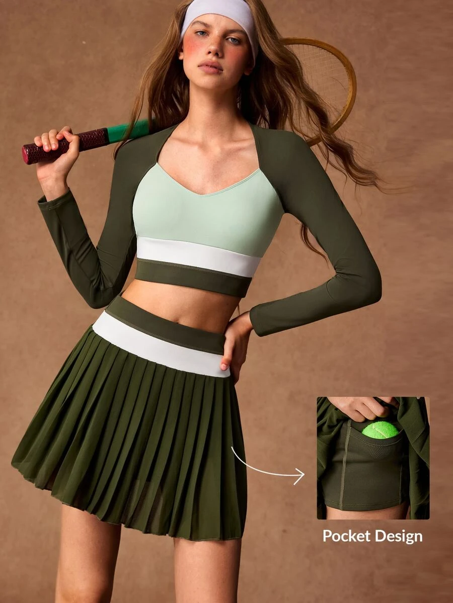 VARSIVA Setelan Olahraga Kasual Wanita: Atasan Lengan Panjang Colorblock dan Rok Mini Lipit - MultiWarna - View 1