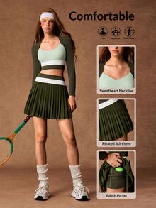 VARSIVA Women's Colorblock Long Sleeve Top And Pleated Mini Skirt Casual Sports Set - Multicolor - View 12