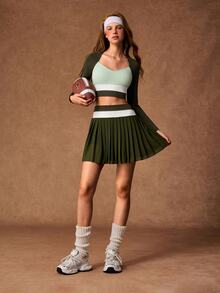 VARSIVA Women's Colorblock Long Sleeve Top And Pleated Mini Skirt Casual Sports Set - Multicolor - View 11
