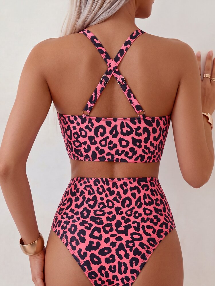 Swim Basics 2pcs/Set Pakaian Renang Wanita Musim Panas untuk Liburan Pantai Motif Leopard Atasan Tankini Leher V dan Baju Renang Tankini - MultiWarna - View 2