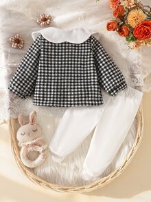 SHEIN 2件組新生女嬰外套與內搭褲套裝，甜美黑白千鳥格蝴蝶結長袖彼得潘領秋季保暖公主風套裝 - 黑與白 - 查看 4
