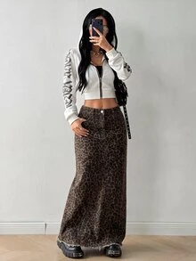 SHEIN HypeZone 女款豹紋口袋長版時尚牛仔裙 - 棕色 - 查看 4