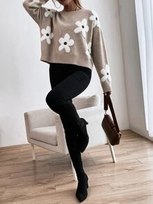 SHEIN LUNE 女款秋冬休閒提花花卉針織套頭毛衣，圓領，百搭學院風 - 卡其色 - 查看 4