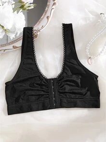 SHEIN 1pc Women Wireless Casual Crinkle Front Pleat Seamless Bra, Solid Color With Plush Trim Padded Shoulder Straps, Nylon - Black - View 7