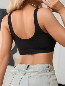 SHEIN 1pc Women Wireless Casual Crinkle Front Pleat Seamless Bra, Solid Color With Plush Trim Padded Shoulder Straps, Nylon - Black - View 2