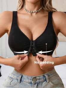 SHEIN 1pc Women Wireless Casual Crinkle Front Pleat Seamless Bra, Solid Color With Plush Trim Padded Shoulder Straps, Nylon - Black - View 1