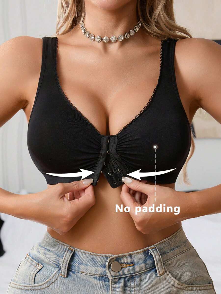 SHEIN 1pc Women Wireless Casual Crinkle Front Pleat Seamless Bra, Solid Color With Plush Trim Padded Shoulder Straps, Nylon - Black - View 1