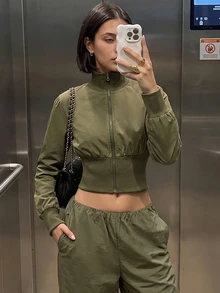 Aidyla Women's Vintage Stand Collar Zip-Up Ribbed Waist Utility Jacket, Autumn/Winter - Army Green - View 2