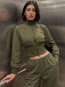 Aidyla Women's Vintage Stand Collar Zip-Up Ribbed Waist Utility Jacket, Autumn/Winter - Army Green - View 4