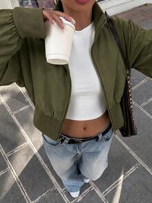 Aidyla Women's Vintage Stand Collar Zip-Up Ribbed Waist Utility Jacket, Autumn/Winter - Army Green - View 5